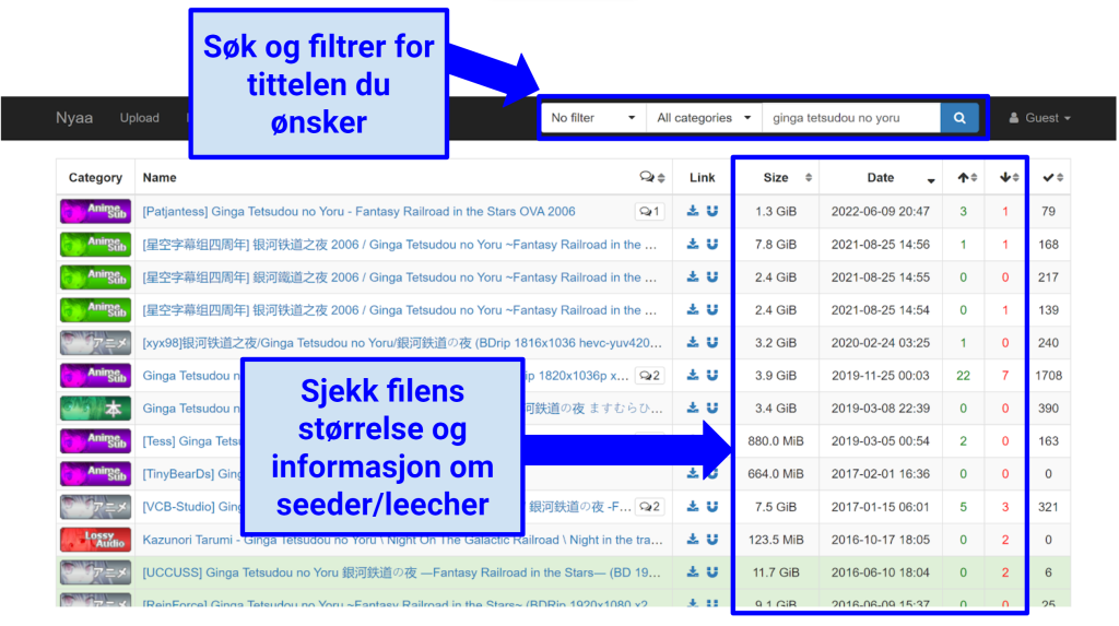 Skjermbilde av NYAA.sis grensesnitt som viser hvordan du kan søke og filtrere filer.