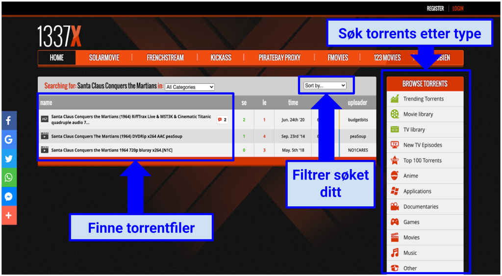 Skjermbilde av 1337x torrent-nettsted som viser hvordan finne torrentfiler og filtrere søket ditt.