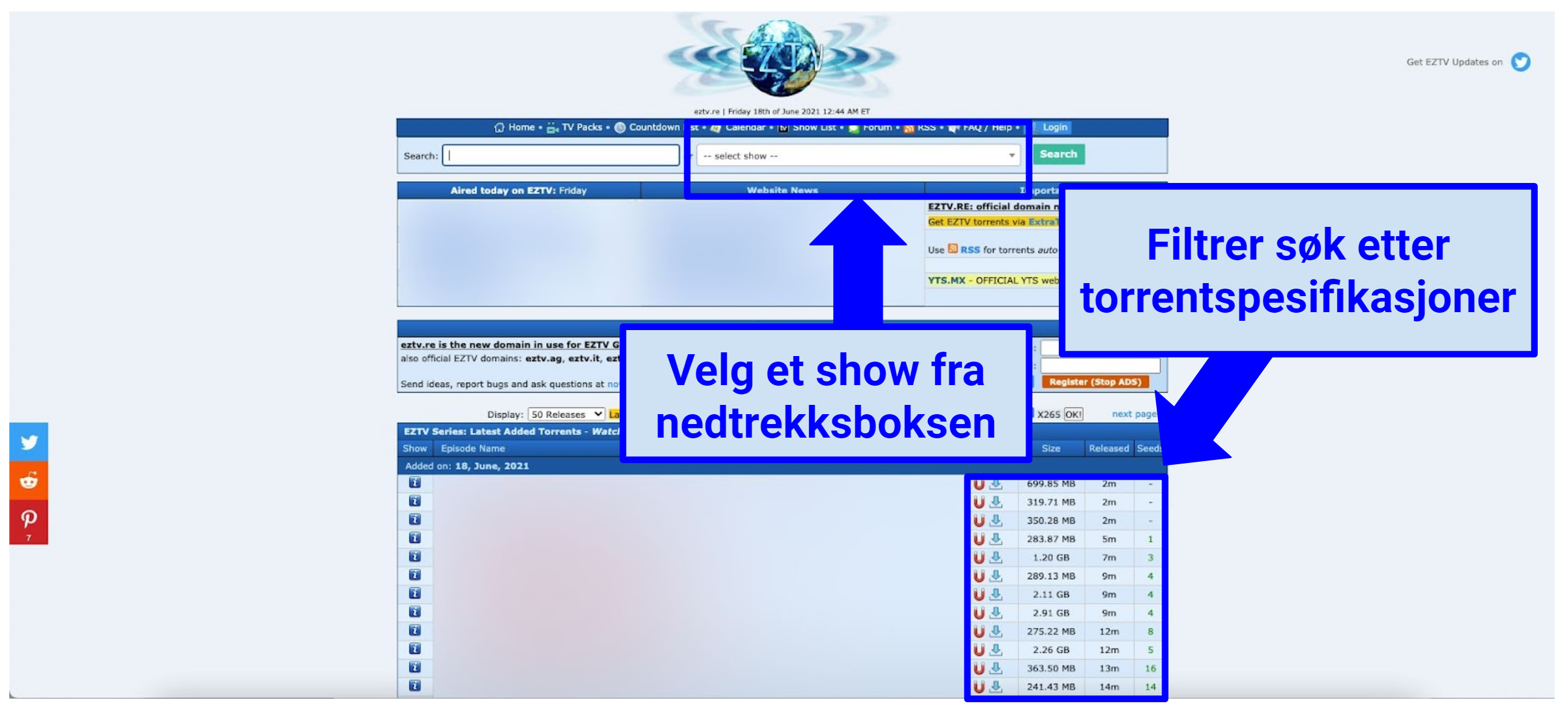 Skjermbilde som viser hvordan man søker etter TV-serier på EZTV og filtrerer resultatene