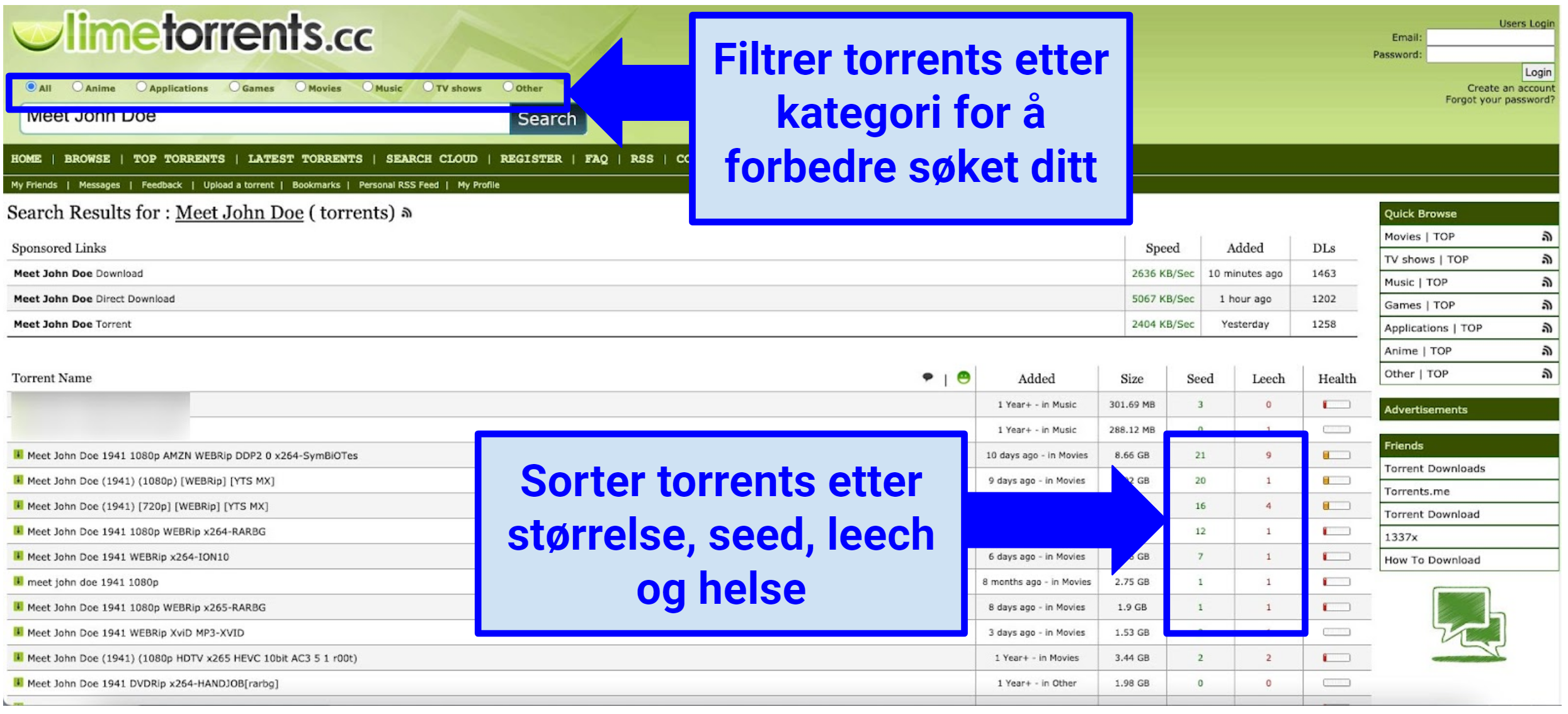 Skjermbilde av Limetorrents grensesnitt og hvordan sortere torrents etter størrelse, seed og helse