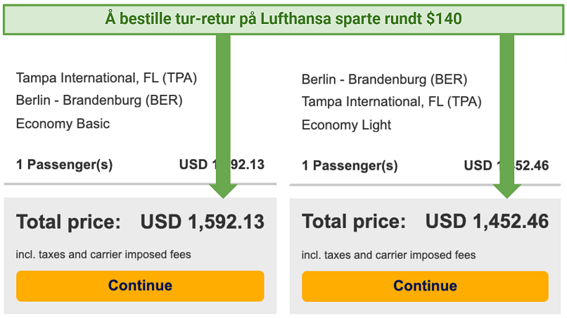 Screenshot showing fare savings on flights when booking a roundtrip versus one way