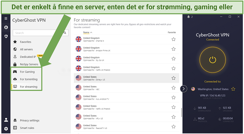 Screenshot of CyberGhost's optimized servers for streaming, gaming, and torrenting