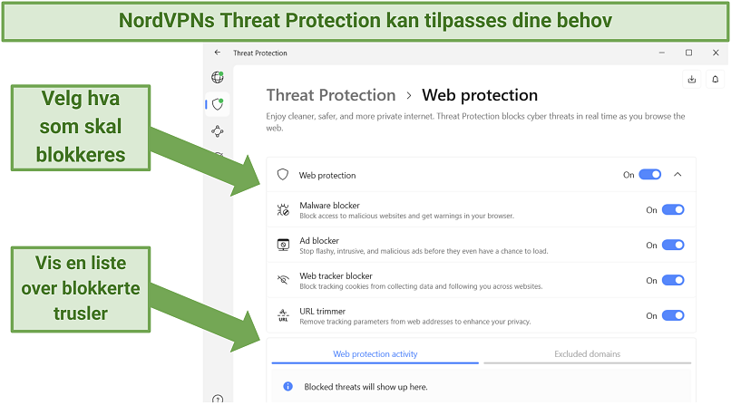 Screenshot of the NordVPN app showing its Threat Protection feature and its customization options