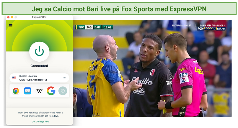 A screenshot of streaming Italian B Serie soccer football match Calcio vs Bari live on Fox Sports using ExpressVPN's Los Angeles server