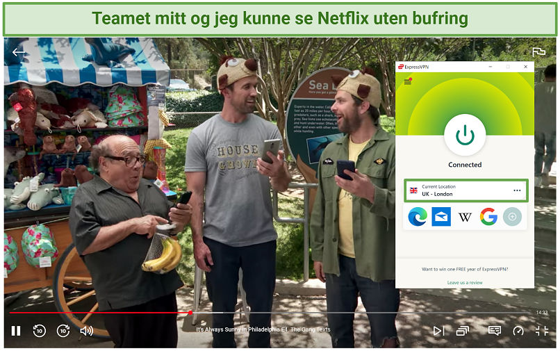 Screenshot of Netflix player streaming It's Always Sunny in Philadelphia while connected to ExpressVPN's UK London server