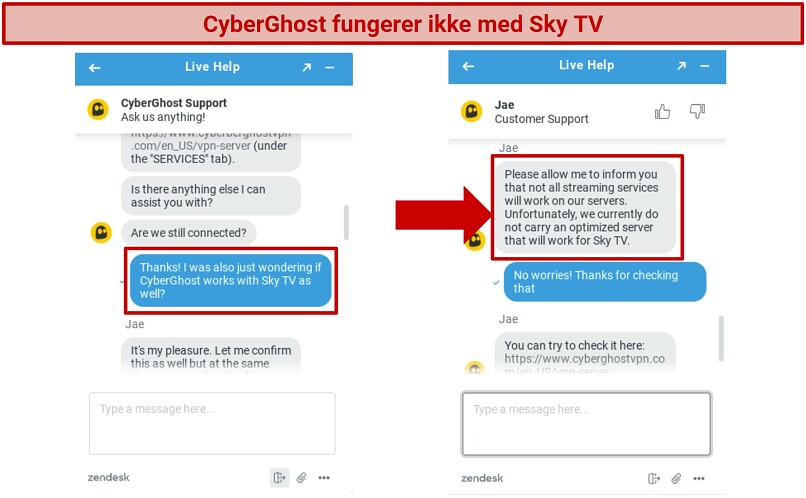CyberGhost's live chat agent informing me that it is not working with Sky TV