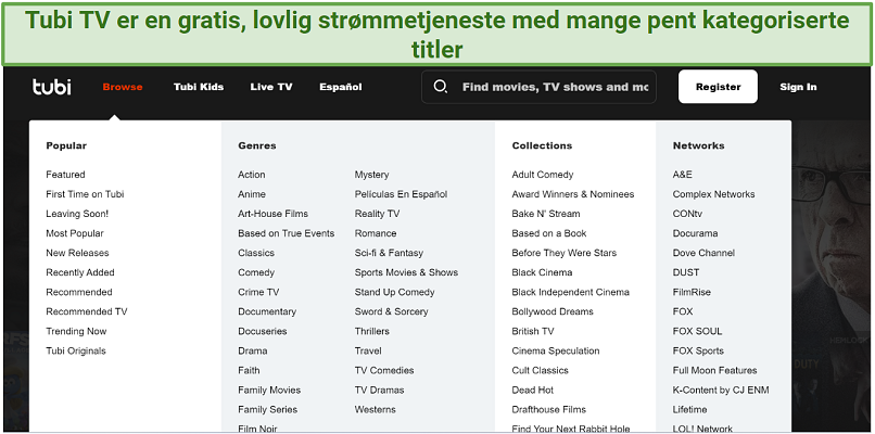 Et skjermbilde av Tubi TVs hjemmeside som viser innholds genrene og samlingene du kan bla gjennom på Browse-kategorien
