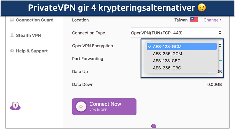 Bilde av PrivateVPNs tilpassbare sikkerhetsinnstillinger
