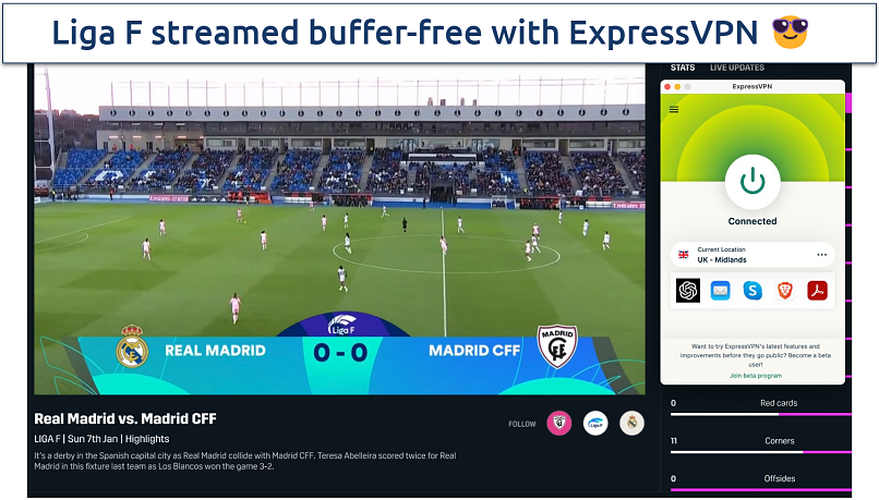 Screenshot of the ExpressVPN app connected to a UK - Midlands server while streaming Liga F soccer