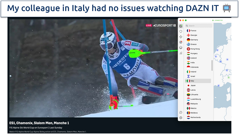 Screenshot of the NordVPN app connected to a server in Italy while streaming skiing on DAZN