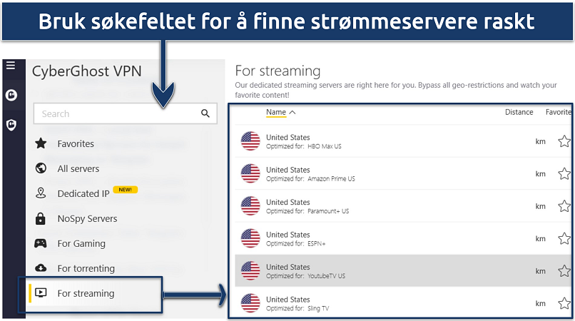 Et skjermbilde som viser CyberGhost tilbyr spesialiserte servere for streaming server