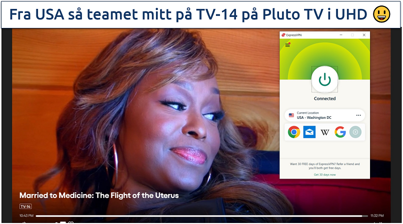 Et skjermbilde av Pluto TV som streamer Married to Medicine: The Flight of the Uterus mens den er koblet til ExpressVPN sin USA-server