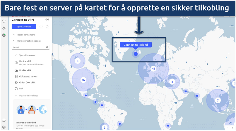 Et skjermbilde som viser NordVPN sitt brukervennlige grensesnitt som inneholder et intuitivt kart for enkel servervalg