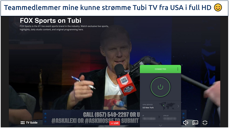 Et skjermbilde av Tubi TV live FOX Sports mens du er koblet til den amerikanske serveren til Private Internet Access