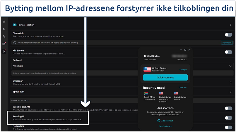 Et skjermbilde som viser Surfsharks Roterende IP-funksjon som oppdaterer IP-adresser hvert noen få minutter