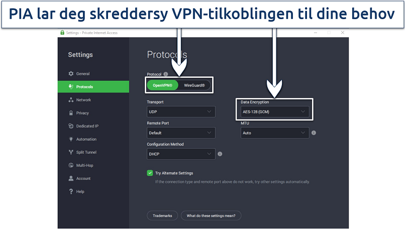 Screenshot of PIA's Windows app highlighting the protocol and encryption options