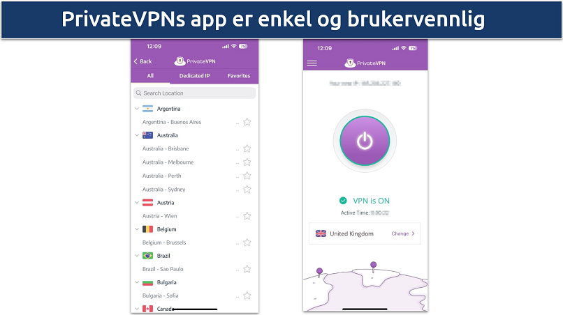 Screenshot of PrivateVPN's iOS app showing the simple home page and server lsit