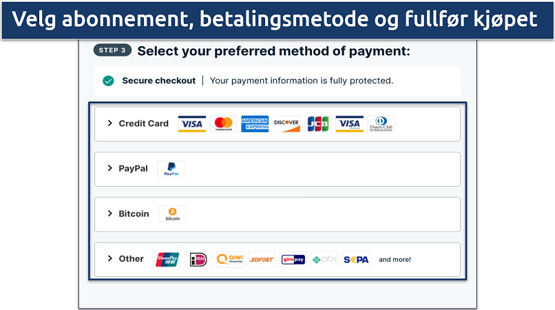 A screenshot of ExpressVPN's checkout page showing payment options