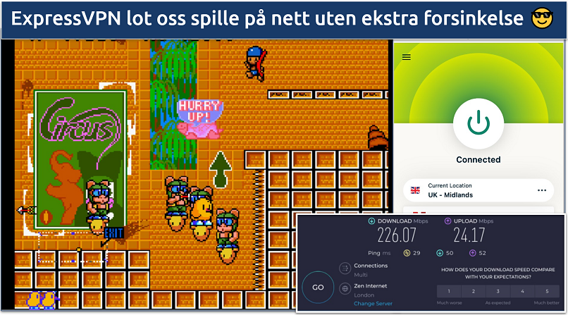 Screenshot showing the ExpressVPN app connected to a UK server over a retro game