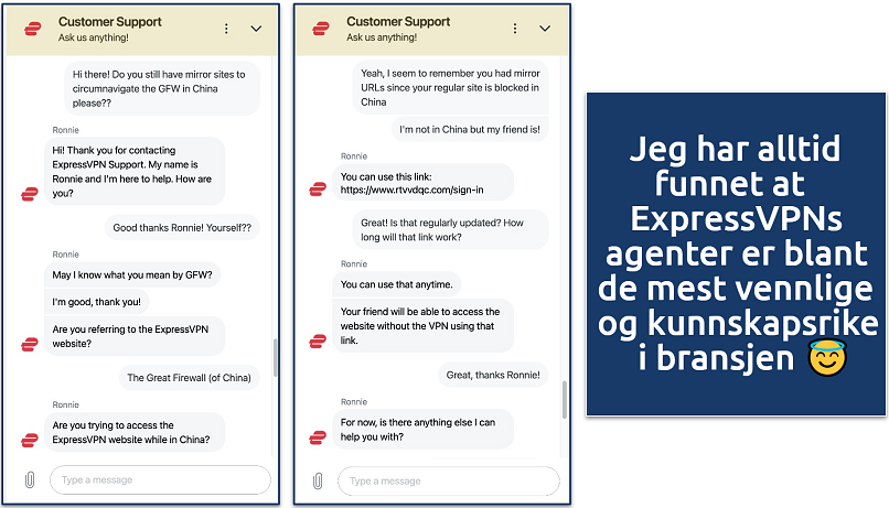 Screenshot showing a chat with the ExpressVPN customer service