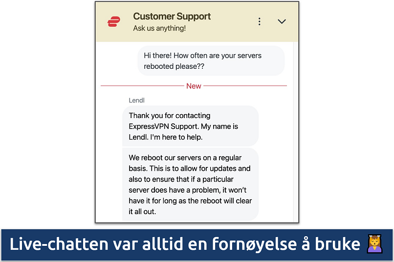 Screenshot showing a chat with the ExpressVPN Customer Support team