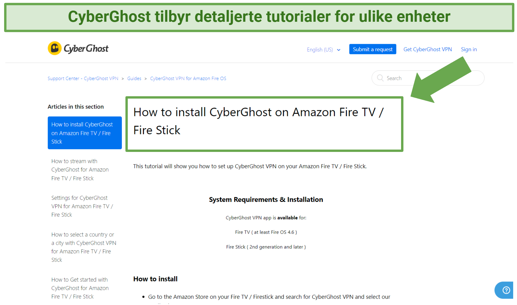 Screenshot of CyberGhost's support page