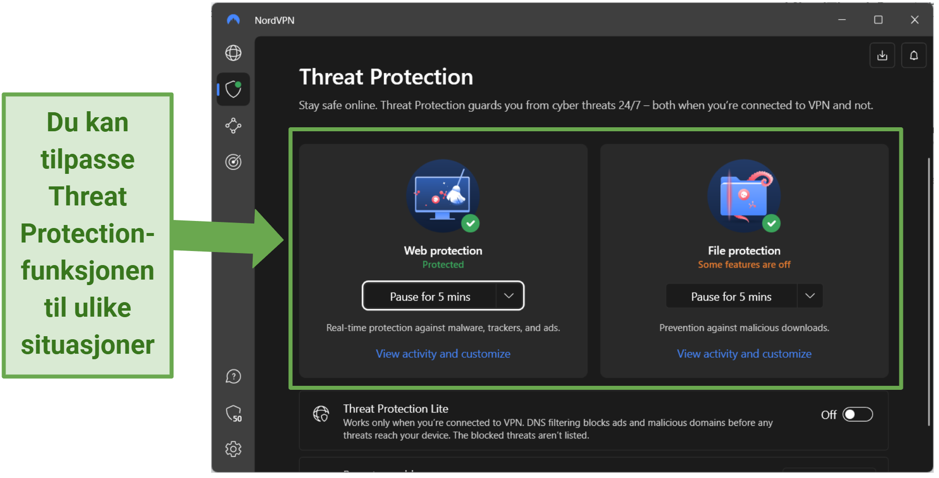 Screenshot of NordVPN's Threat Protection options.