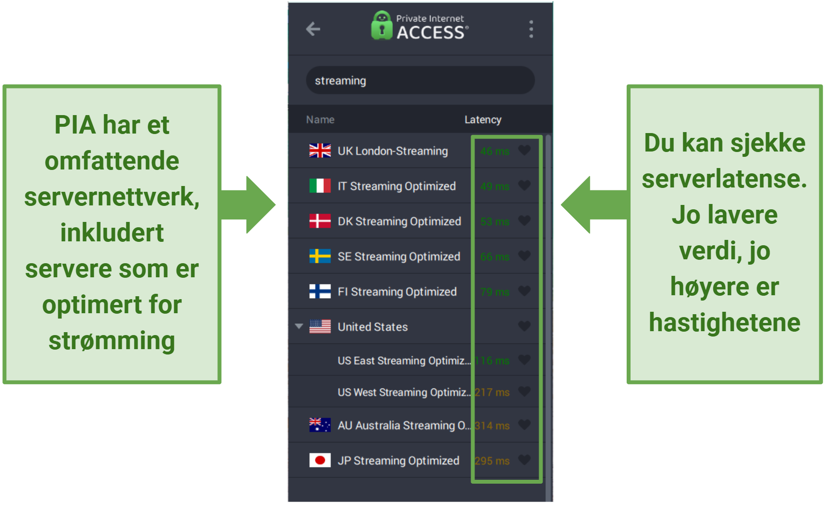 Screenshot of PIA's user interface showing streaming-optimized servers