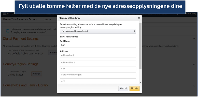 Screenshot showing Amazon's address change modal window