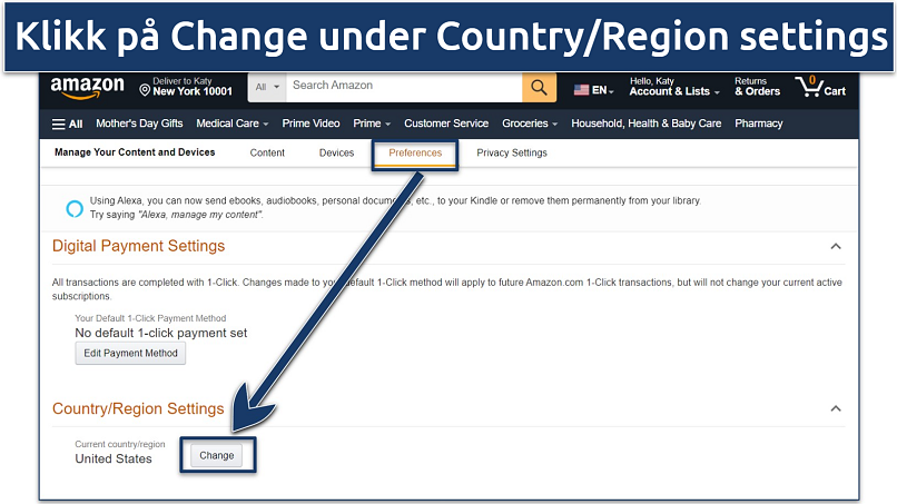 Screenshot showing how to update your amazon account country