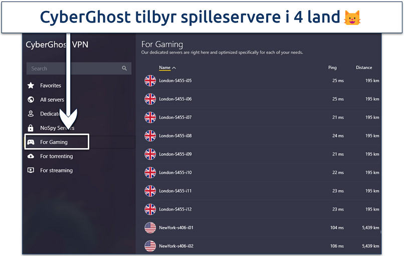 Skjermbilde som viser en liste over CyberGhost's spilloptimaliserte servere