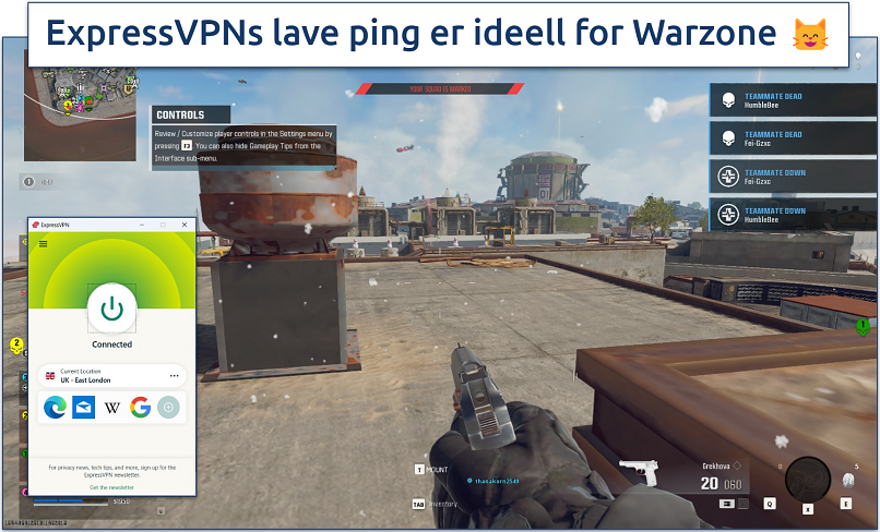 Skjermbilde av Warzone-spill med ExpressVPN koblet til