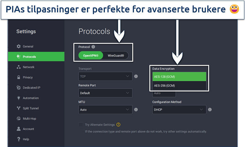 Skjermbilde som viser hvordan du tilpasser VPN-forbindelsen din med PIA