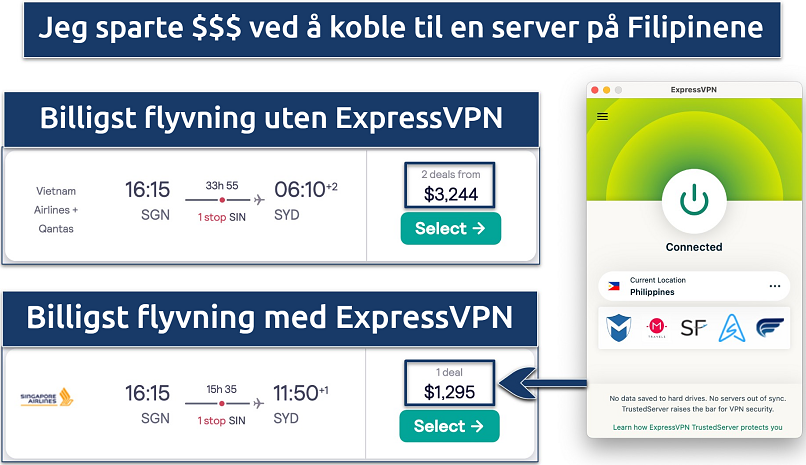 Screenshot showing savings made on a single flight fare with ExpressVPN