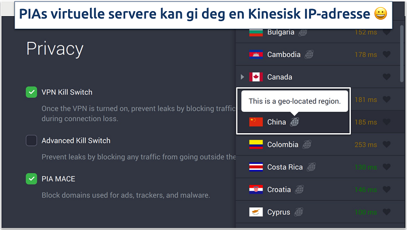 Skjermbilde av PIAs personverninnstillinger og virtuelle servere i appen