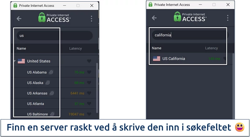 Screenshot of Private Internet Access' Windows app highlighting how to use the server search bar